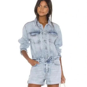 NWOT GRLFND Sz Large Blue Jean Renata Denim Long Sleeve Button Up Shorts Romper